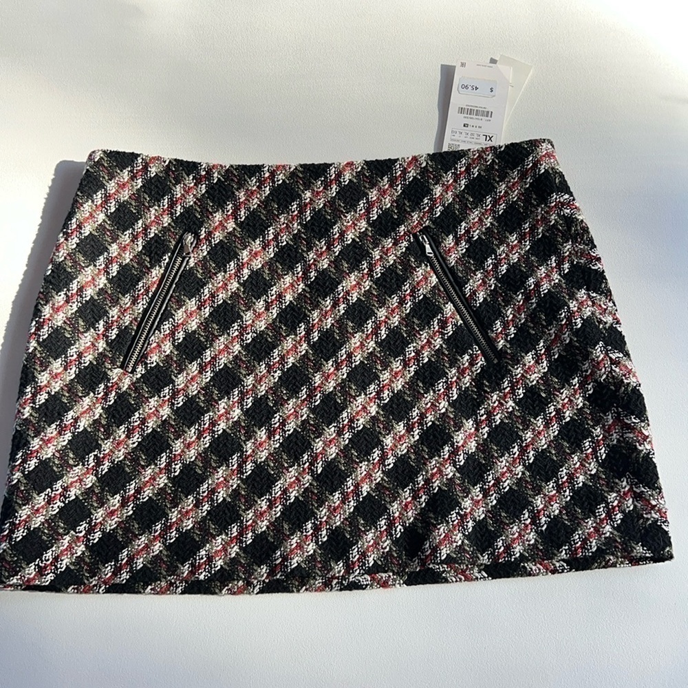 Zara Skirt‎ tweed black/red plaid holiday mini classic Christmas traditional XL - Picture 6 of 11